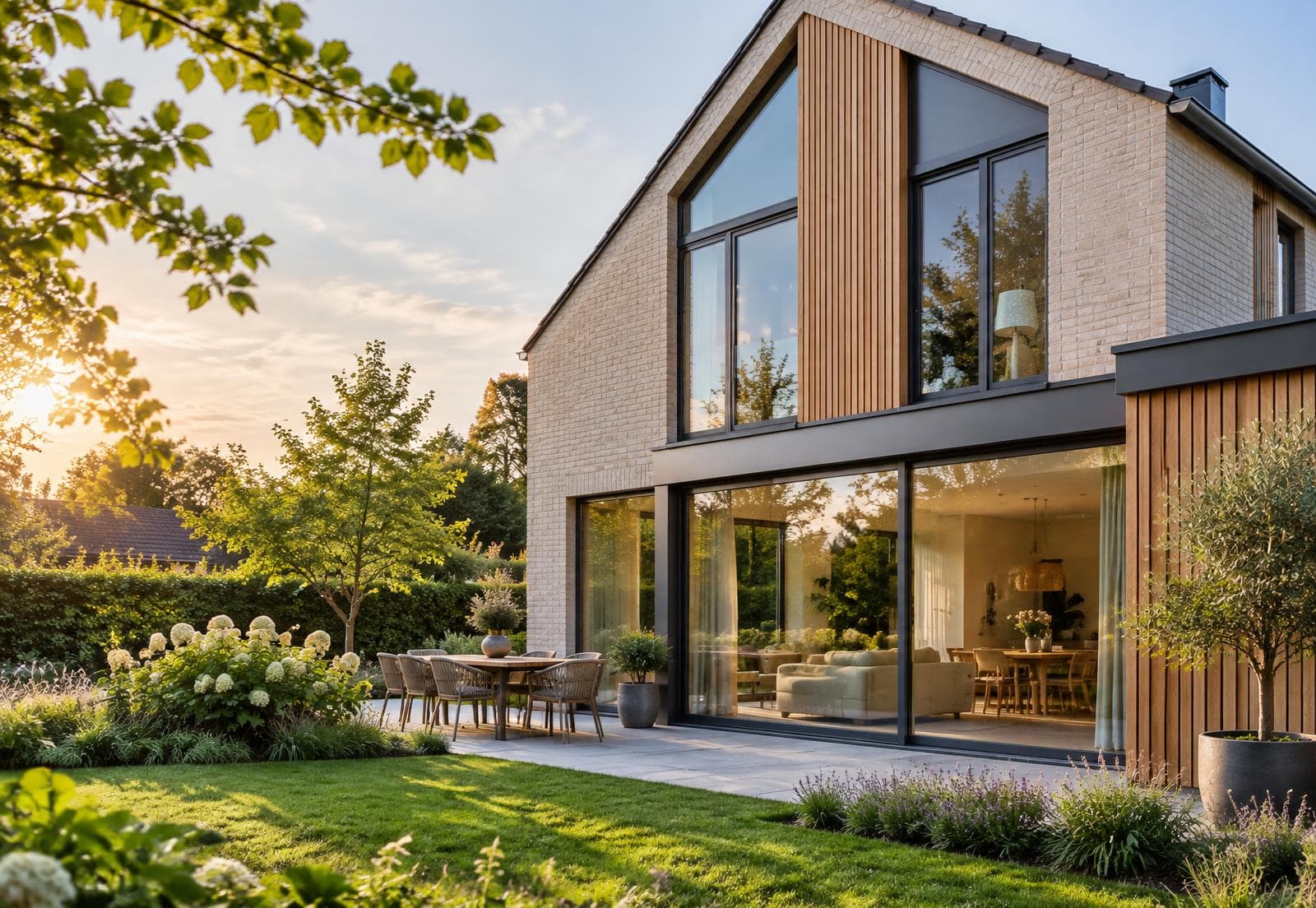 Moderne woning met grote kozijnen en warme houten geveldetails